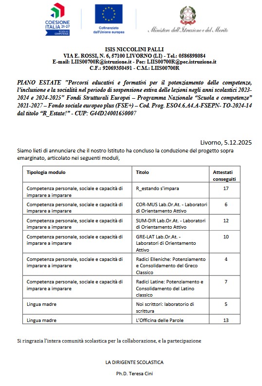 rendiconto finale del progetto Piano Estate 1 rendiconto finale del progetto Piano Estate 1